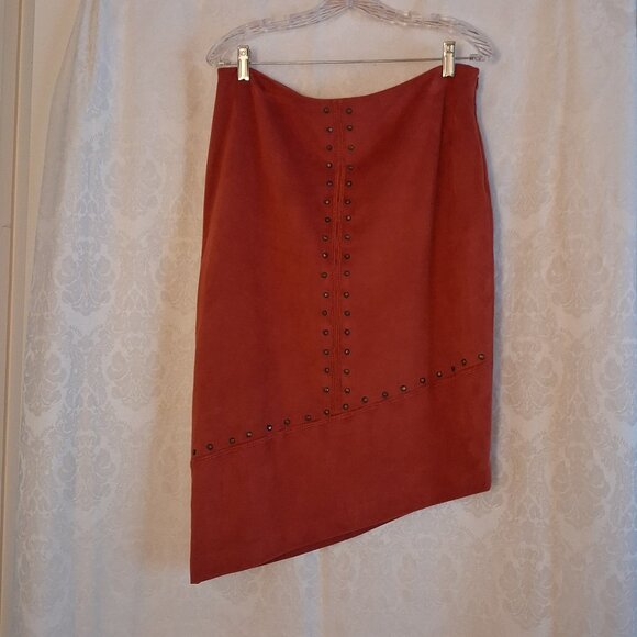 Soft Faux-Suede Asymmetrically-hemmed Fully-lined Skirt with Bronze Metal Studs - Picture 1 of 3